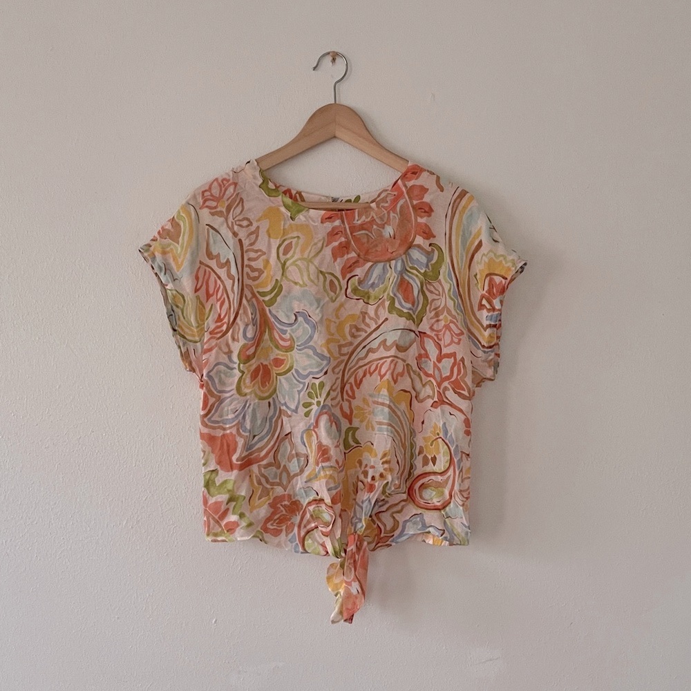 Vince Camuto Tie Front Blouse Floral Scoop Top Beach Coastal
